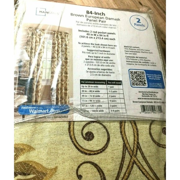 Mainstays 84-Inch Brown European Damask Panel Pair 2 Panels 40in W X 84in H - Picture 2 of 4